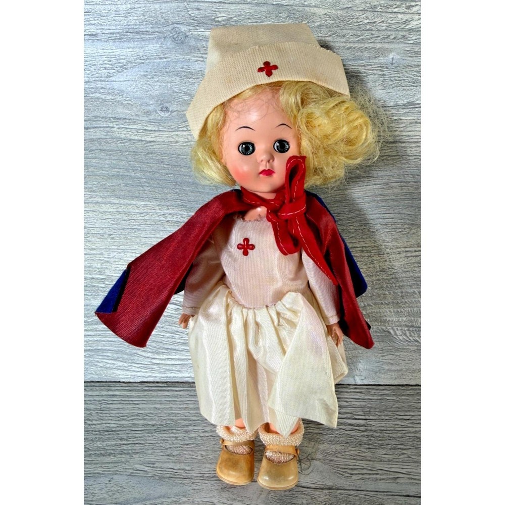 Vintage Miss Curity Nurse Doll 8" White Shoes Cape Blonde Hair & Sleepy Eyes